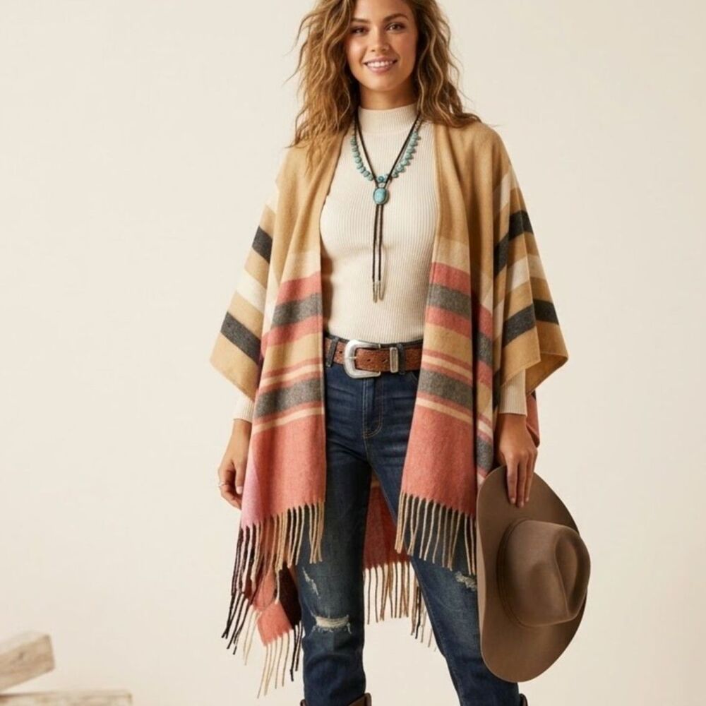 Woolrich Striped Western Fringe Open Front Neutral Stripe Poncho